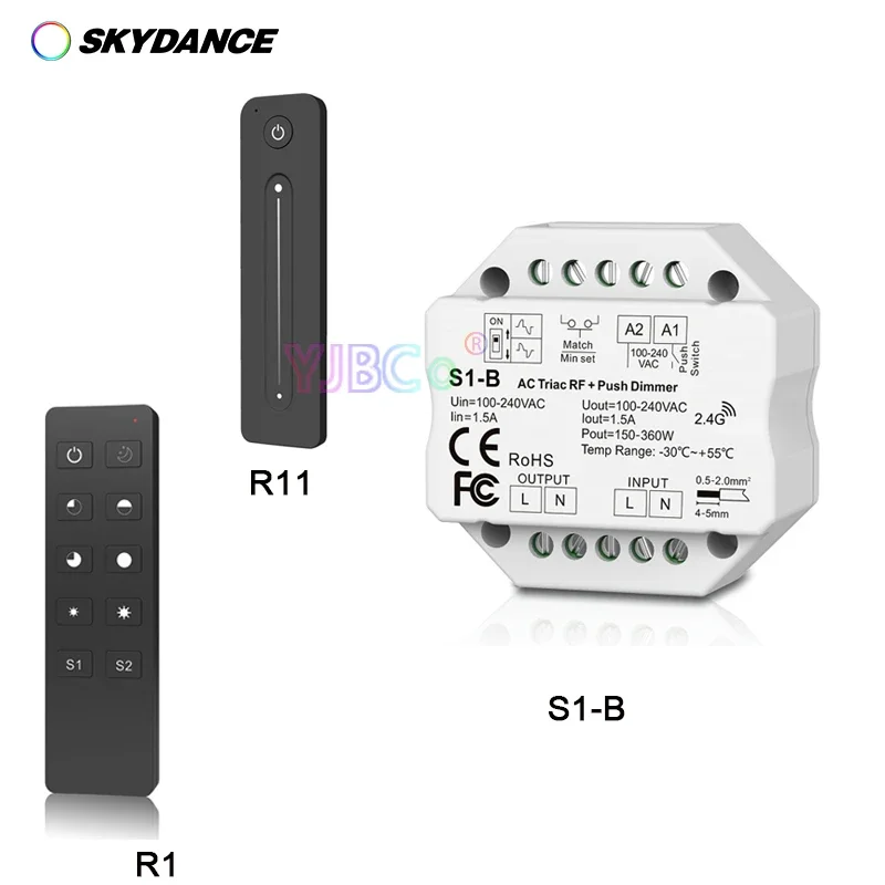 

S1-B AC LED Triac RF Push Dimmer R1/R11 2.4G RF Wireless Remote AC 110V-220V 150W-360W 1.5A Push Dimmer LED Switch Controller