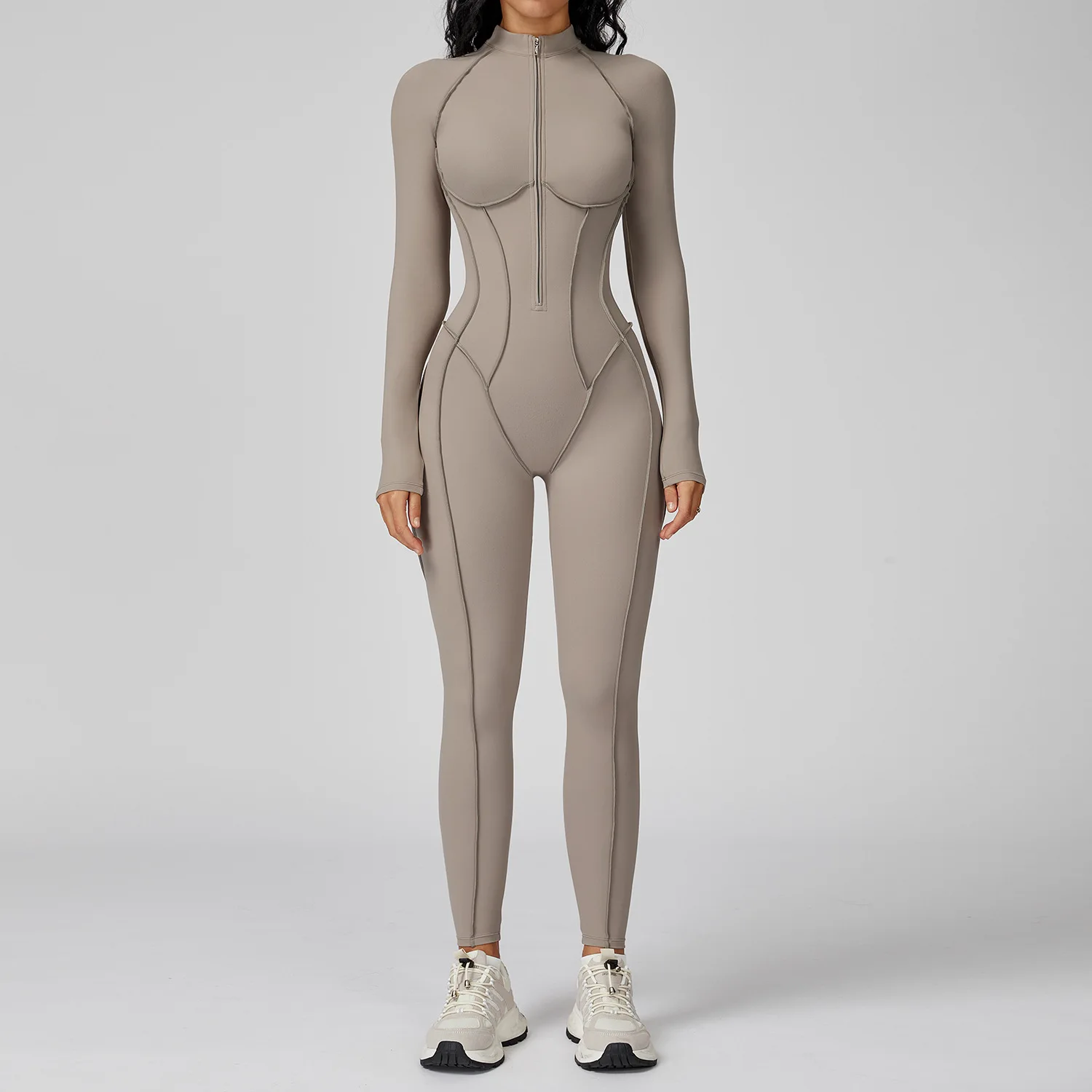 Women Yoga Jumpsuit Long Sleeve Half Zip Stand Collar Slim Fit Sportswear Gym Fitness Bodysuit Waist Trainer Hip Lift Pilates