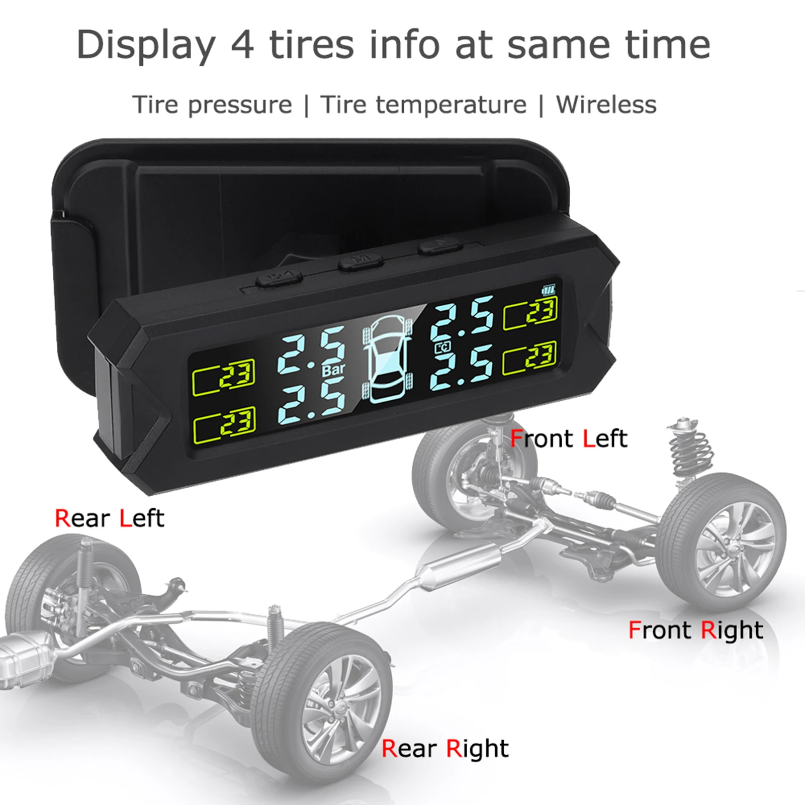 Auto Backlight LCD Display Tire Pressure Monitoring System Wireless Solar Power TPMS with 5 Alarm Modes 4 Sensors 0-67 PSI