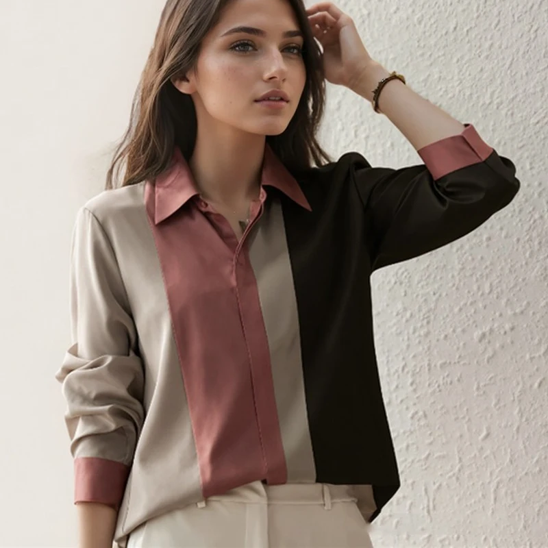 

Fashion Elegant Long Sleeve Spring Women Blouse Autumn Vintage Polo Collar Satin Button Shirt Casual Loose Tops Clothing 18146