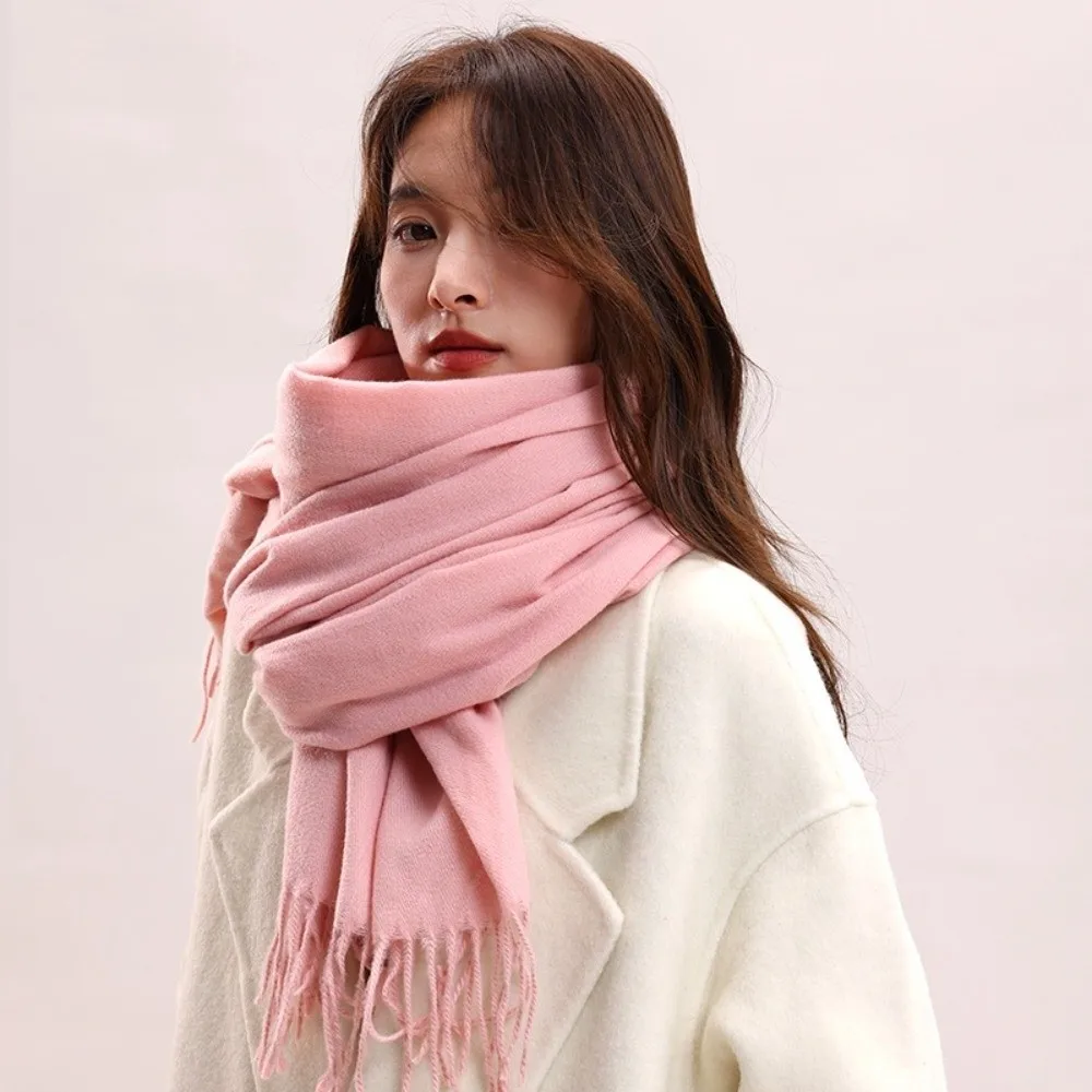 

Simple Tassel Imitation Cashmere Scarf Thickened Windproof Women Shawl Solid Color Soft Long Wool Scarf Girls