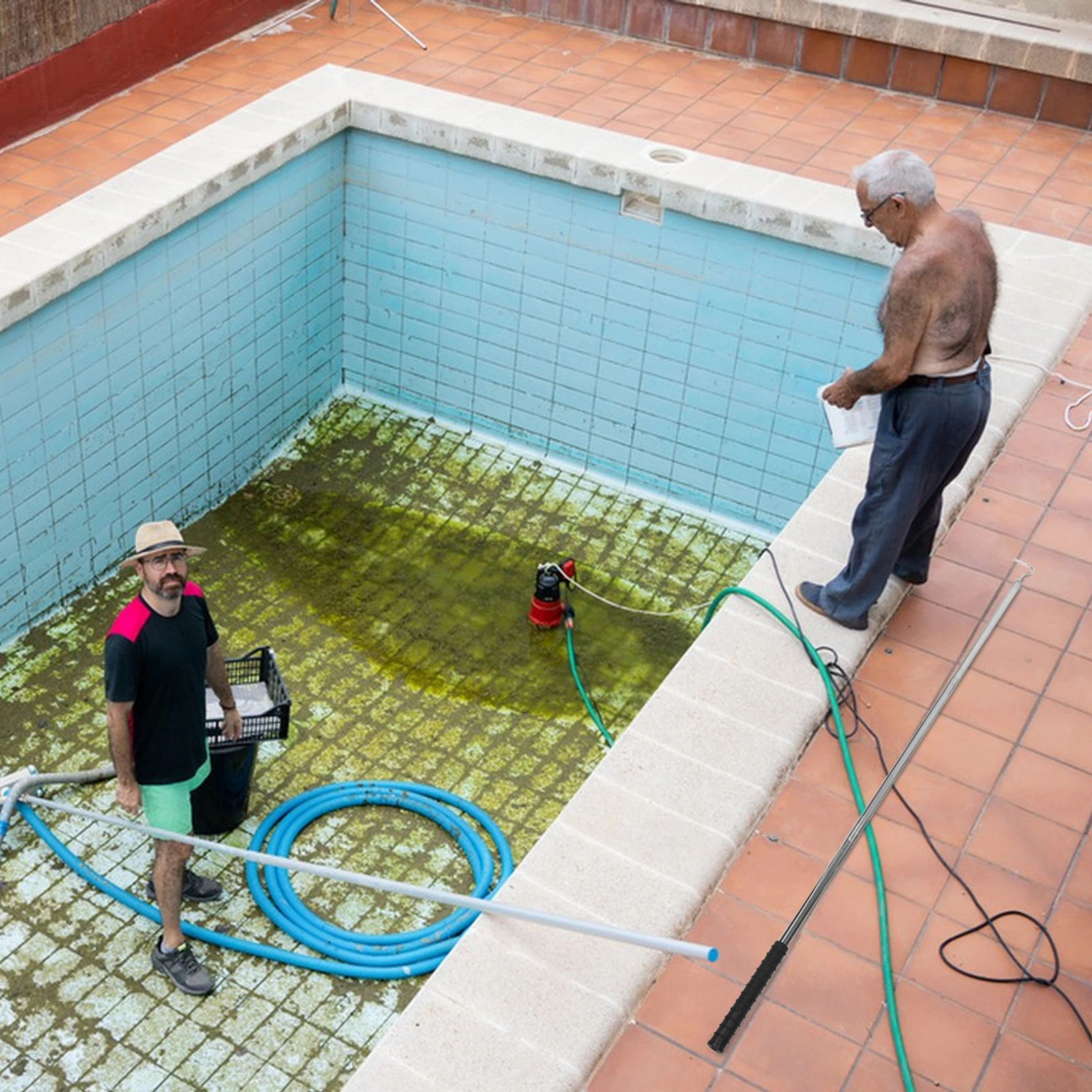 Gancho de piscina de acero inoxidable de alta resistencia, varilla desmontable, cesta para espumadera, herramienta de agarre, accesorio de decoración de limpieza de piscina