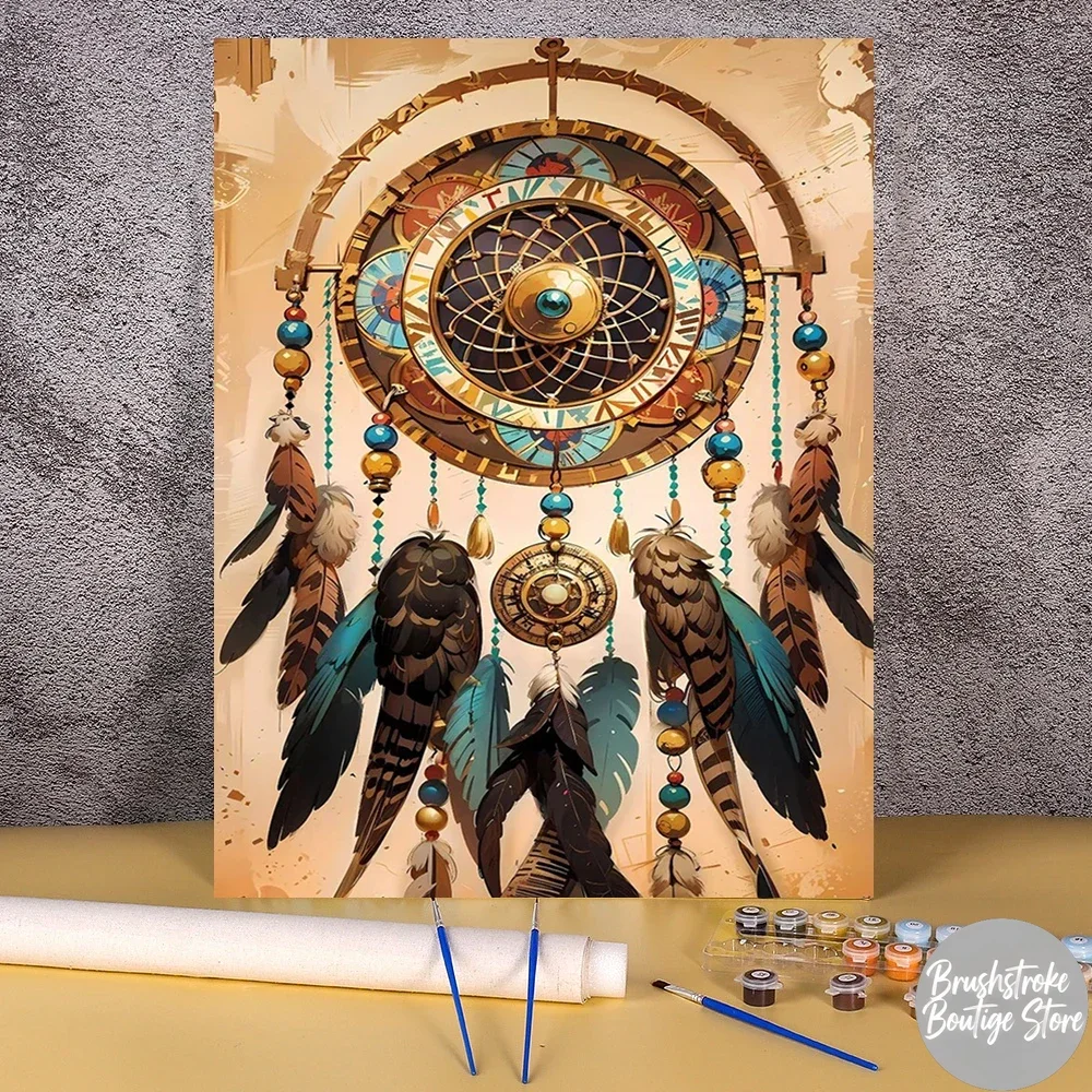 

Картина на холсте по номерам для начинающих, индийское перо, Ловец снов, легкая художественная краска ручной работы, картина для декора стен спальни