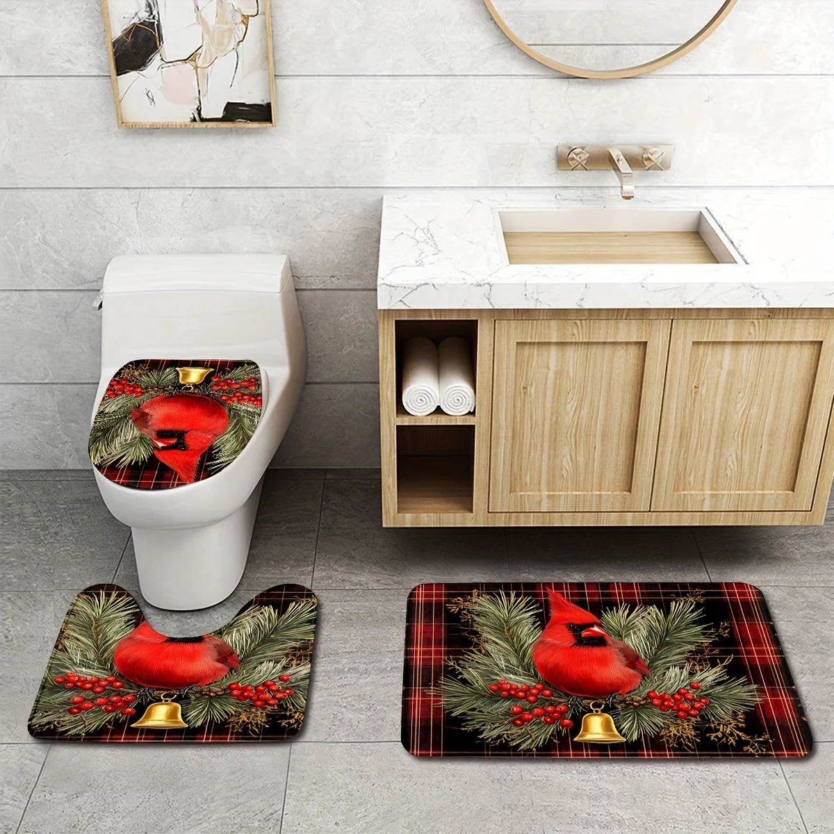 3pcs Christmas Cardinal Plaid Carpet Set, Non-slip Washable Flannel Floor Mats, including a bathroom mat, U-shaped mat, and toil
