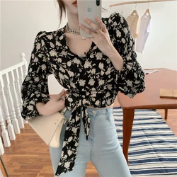 Y2k Floral Print Women Shirts Korean Elegant Slim Lace Up Female Blouse Autumn New V Neck Office Ladies Crop Tops