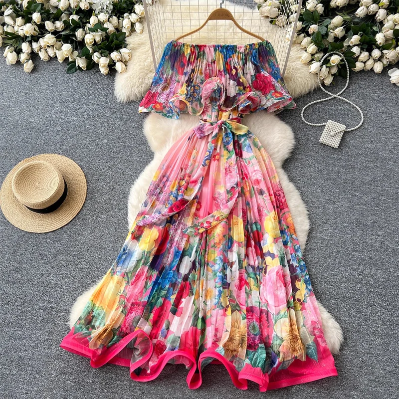 

Shoulder Ruffle Edge Bright Silk Print Dress Chiffon Dress
