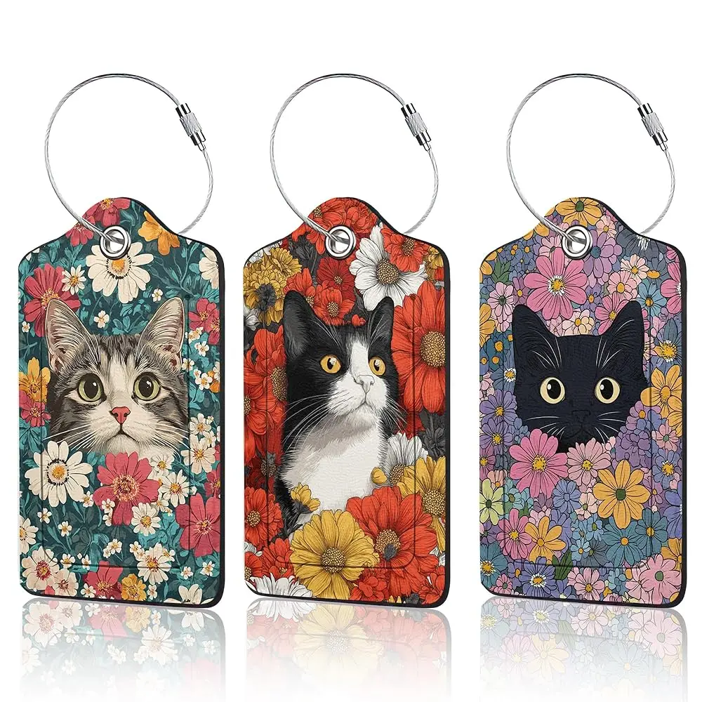 

Cute Cat Luggage Tags for Suitcase,3 Pack Blooming Colorful Flowers Luggage Tag Leather Privacy Cover ID Label with Stainless