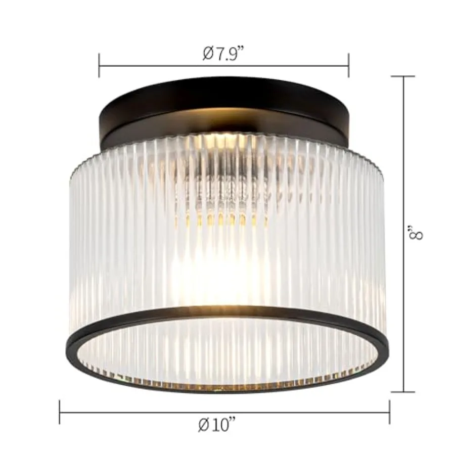 Glass Ceiling Light, Clear Ribbed Glass Ceiling Light Fixture with Black Metal Frame, Modern Semi Flush Mount Ceiling Light for