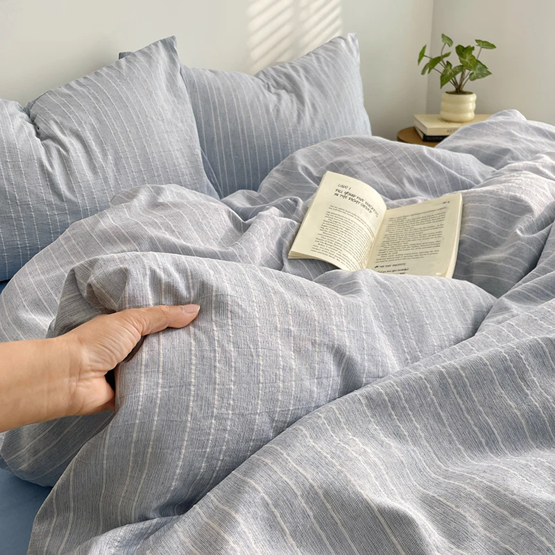 

Корейский комплект постельного белья, синий, 2026, новый, мягкий, в полоску, для двуспальной кровати, простыни, пододеяльник с наволочкой, без наполнителя, декор для спальни
