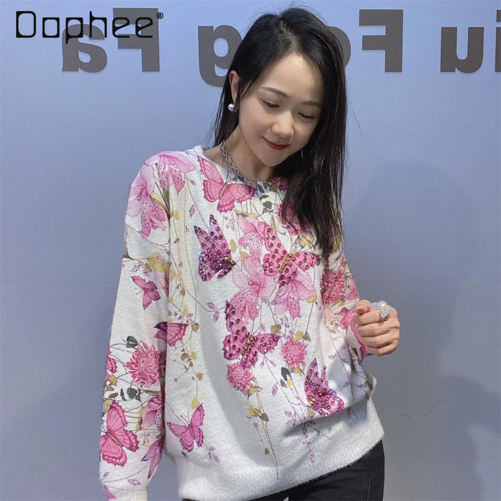 

Pink Butterfly Beaded Long Sleeve Sweater Women Round Neck Sweater Women 2025 Autumn Winter New Printed Butterfly Knitted Top