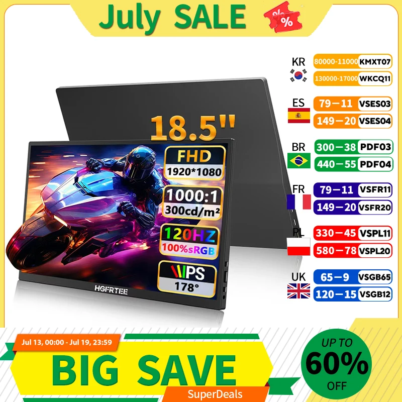 HGFRTEE 18.5 Inch 120Hz Monitor 300Cd/m 100% SRGB Gaming PC Computer Display Mini HDMI-Compatib/Type-C For PS4/5 Xbox Switch