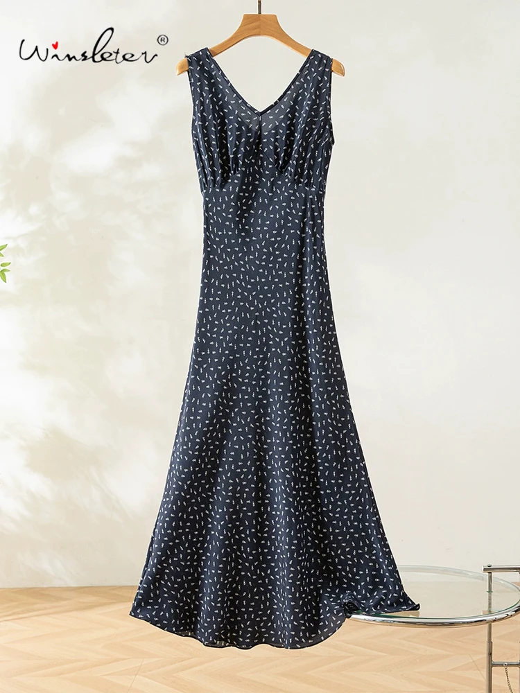 

Winsleter-Women 100%Real Silk Elegant Dress, Sleeveless V Neck Print, French Retro Party Long Dresses, 2025 Summer New D56742CC