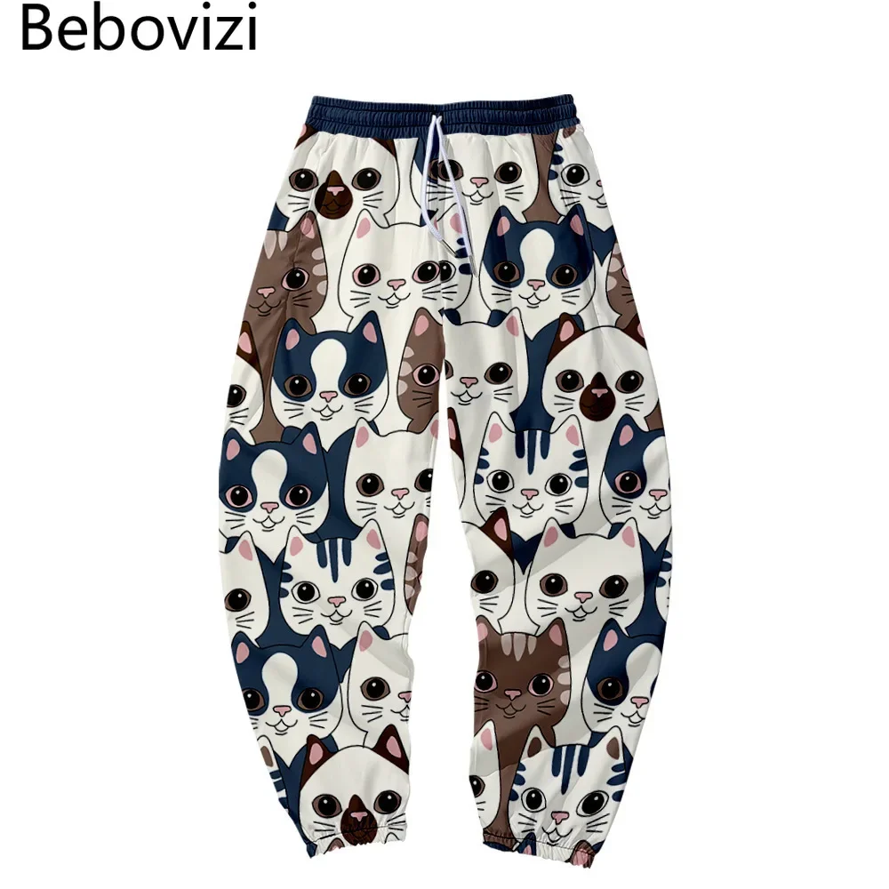 Cute Cat Print Kawaii Sweatpants Women Men Loose Multi Pocket Fashion Autumn Jogger Trousers Casual Streetwear Pants