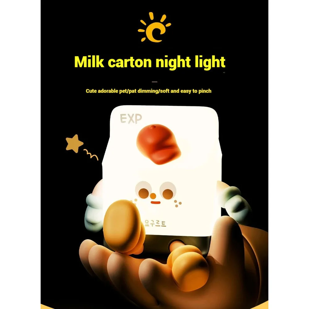 Caja de leche de dibujos animados, luz nocturna, bonita lámpara LED para mesita de noche para habitación de niños, función de temporizador automático recargable por USB, decoración de ayuda para dormir