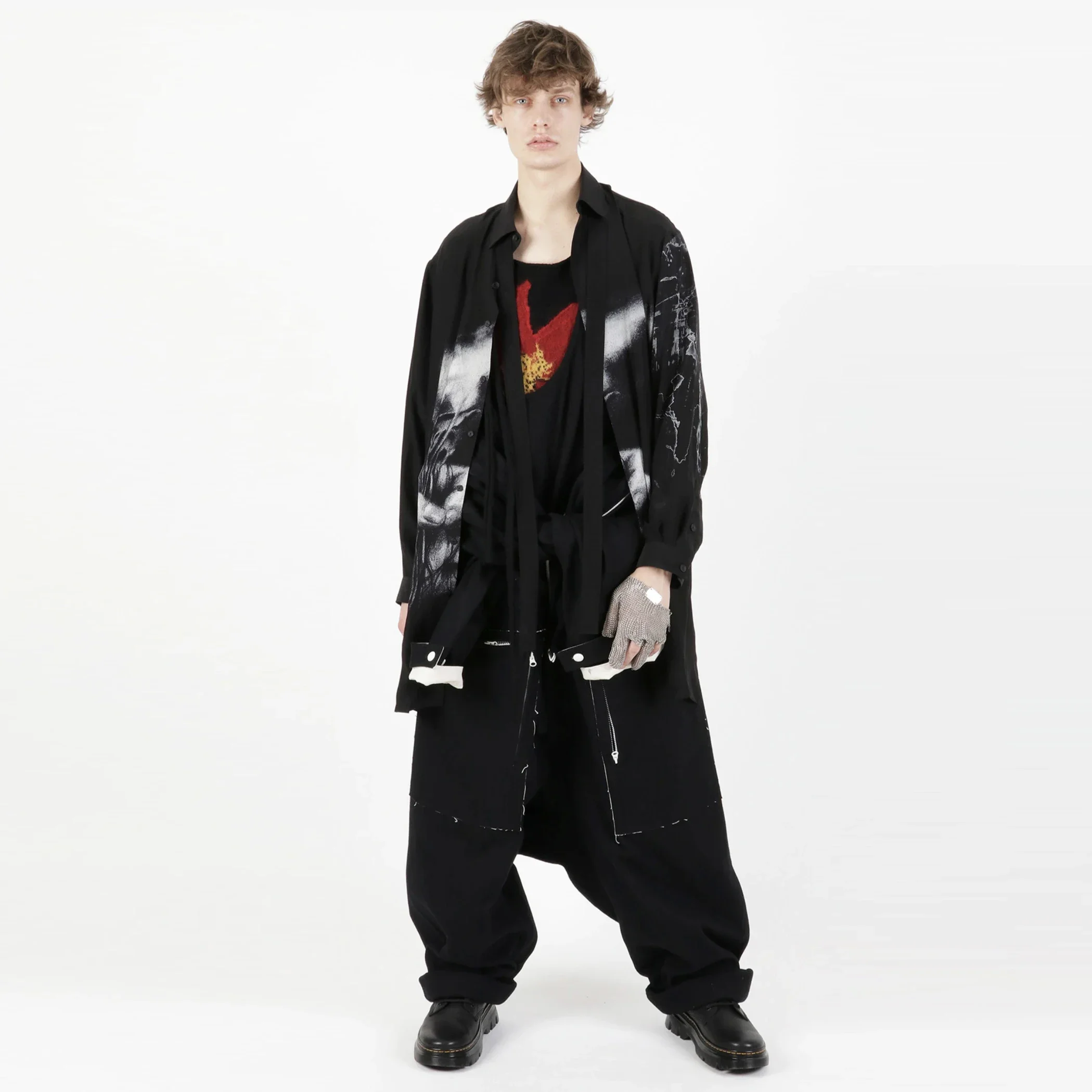 

YOJI OOAK оригинальный дизайн темная японская мужская рубашка с ремешком спереди шелковый абстрактный узор с принтом