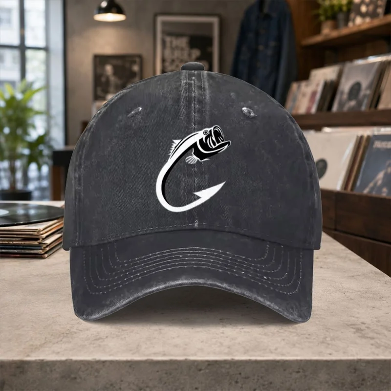 Unisex Adjustable Vintage Baseball Cap with Fish Bite Hook Pattern – Lightweight Washed Cap for Men & Women