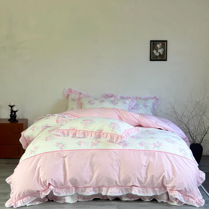 

100% Cotton Korean Princess Style Rose Flowers Print Lace Ruffles Pink Bedding Set Duvet Cover Set Bed Sheet Pillowcases 4Pcs