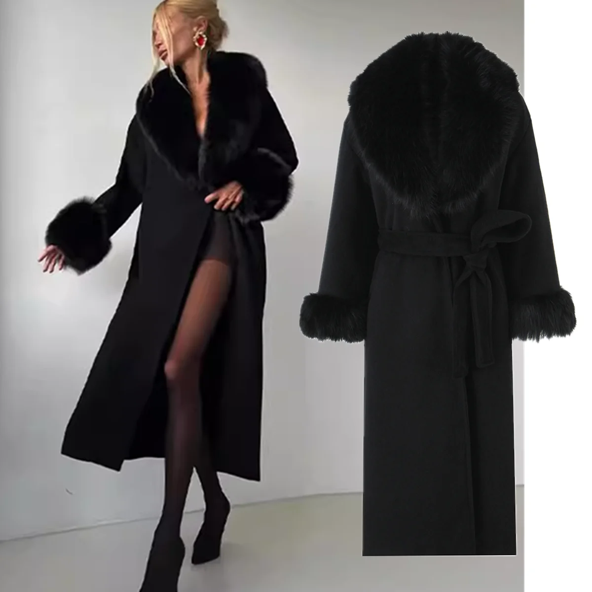 

Maxdutti French Elegant Lady Women's Jacket Woman Clothes Tops Winter Long Coat Minimalist Faux Fur Patchwork Coat Women