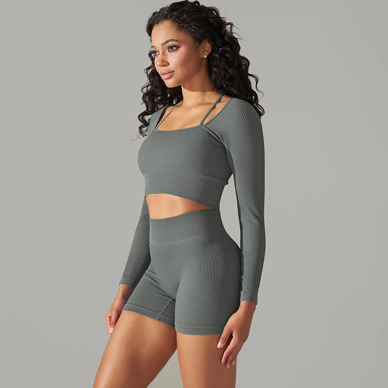 Workout Two Piece Set Women Ribbed  Seamless Yoga Set Long Sleeve Crop Top Shirt High Waist Gym Shorts Fitness Outfits Suit