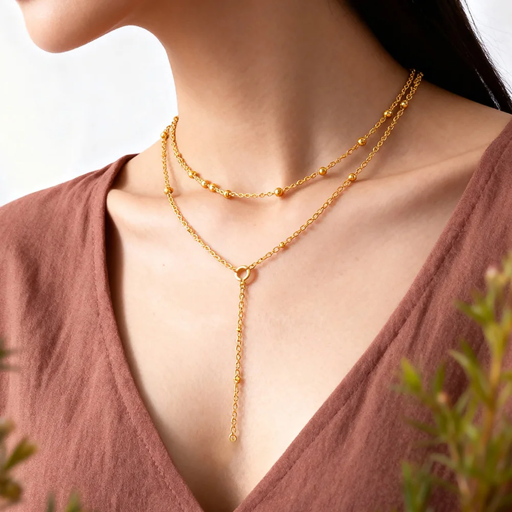 

1pc Stainless Steel Double Laryer Lariat Necklace 75cm Beaded Long Chain for DIY Pendant Choker Necklaces Trend Gift