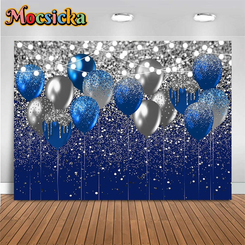 Mocsicka Birthday Party Photography Background Golden Flashing Neon Lights Black Balloon Decoration Props Photo Backdrops Banner