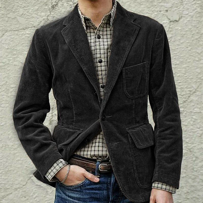Trendy Mens Slim Suit Jackets Corduroy Solid Color Buttoned Turn-down Colalr Corduroy Coat For Men Fall Winter Casual Outerwear