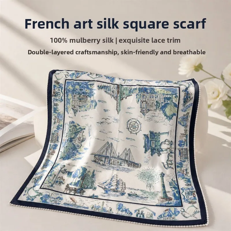 Echarpe-carree-en-soie-de-murier-100-pour-femme-motif-urbain-dessine-a-la-main-bordure-en-dentelle-respirante-et-douce-pour-la-peau-style-artistique-francais