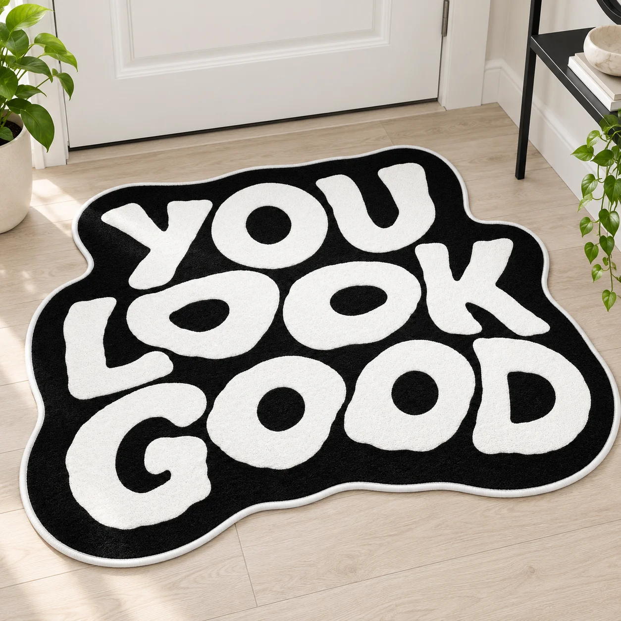 You Look Good Inspirational Letter Shaped Area Rug Black White Irregular Floor Mat for Bedroom Living Room and Modern Home Decor