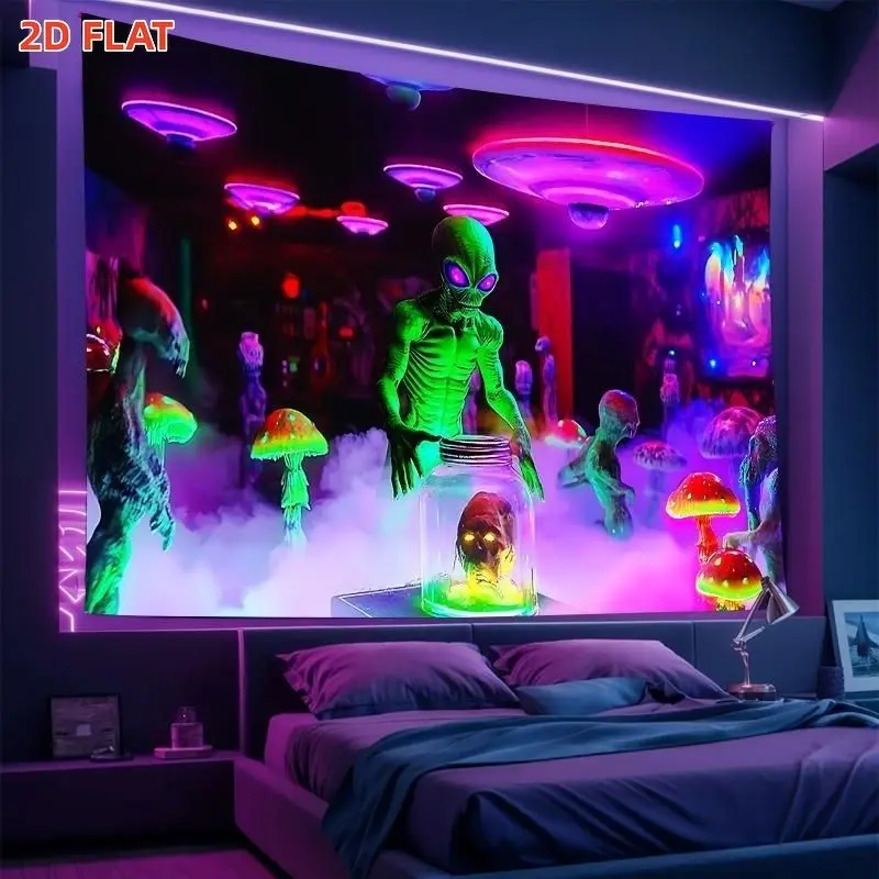 VIKAMA Psychedelic Alien UFO Tapestry Neon Mushroom Polyester Wall Hanging Bedroom Dorm Living Room Aesthetic Room Decor Soft