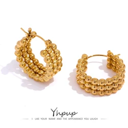 Yhpup Stainless Steel Metal Gold Hoop Earrings Fashion Charm Women 18K-Plated PVD Waterproof Jewelry Beaded Hug Earrings Gift