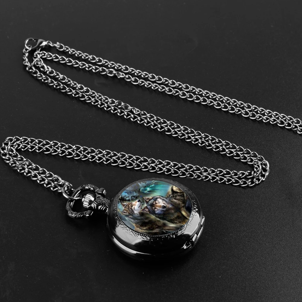 Double Wolf King Design Glass Dome Quartz Pocket Watch, Cadeia Durável, Numeral Árabe Dial, Presentes Criativos para Homens e Mulheres