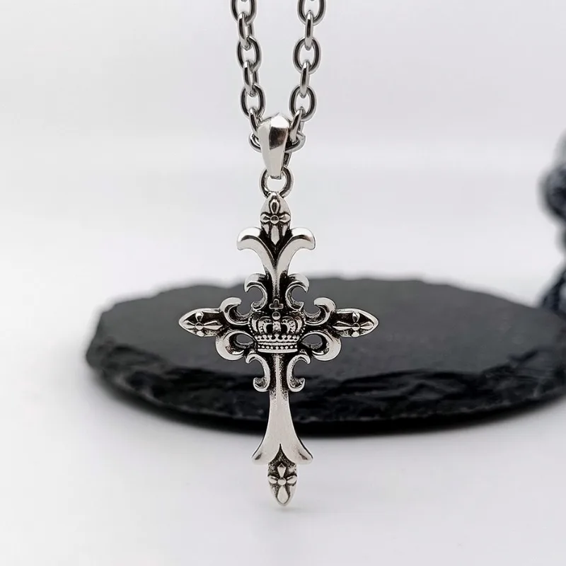 תכשיטי צוואר צלב כתר 3D לגברים רטרו היפ הופ תליון נחושת שרשרת סווטר פאנק תכשיטים לתלמידים מתנה