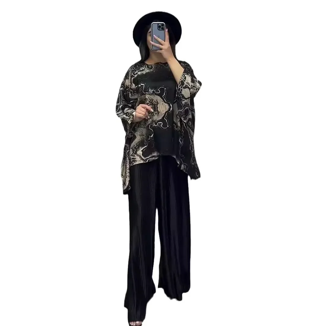 Muslim Two Piece Women Set Blouse Wide Leg Pants Suit Print Ramadan Morocco Dubai Islam Casual Ensemble Femme Arabic Outfits