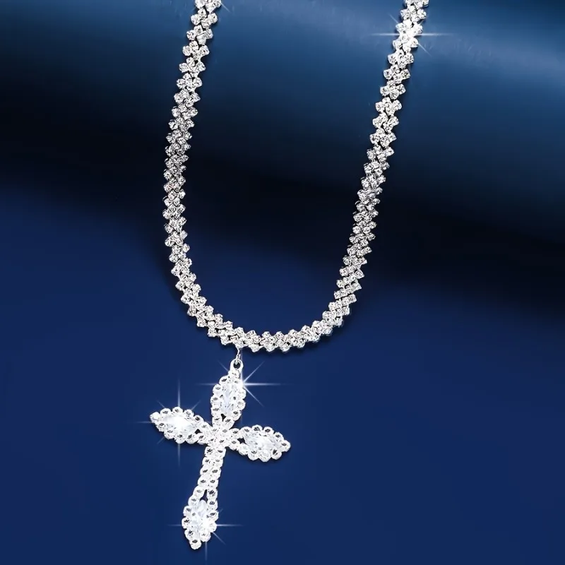 Elegant Luxury Inlaid Synthetic Zirconia Hip Hop Cross Necklace for Women Female Sparkling Pendant Party Jewelry Birthday Gift