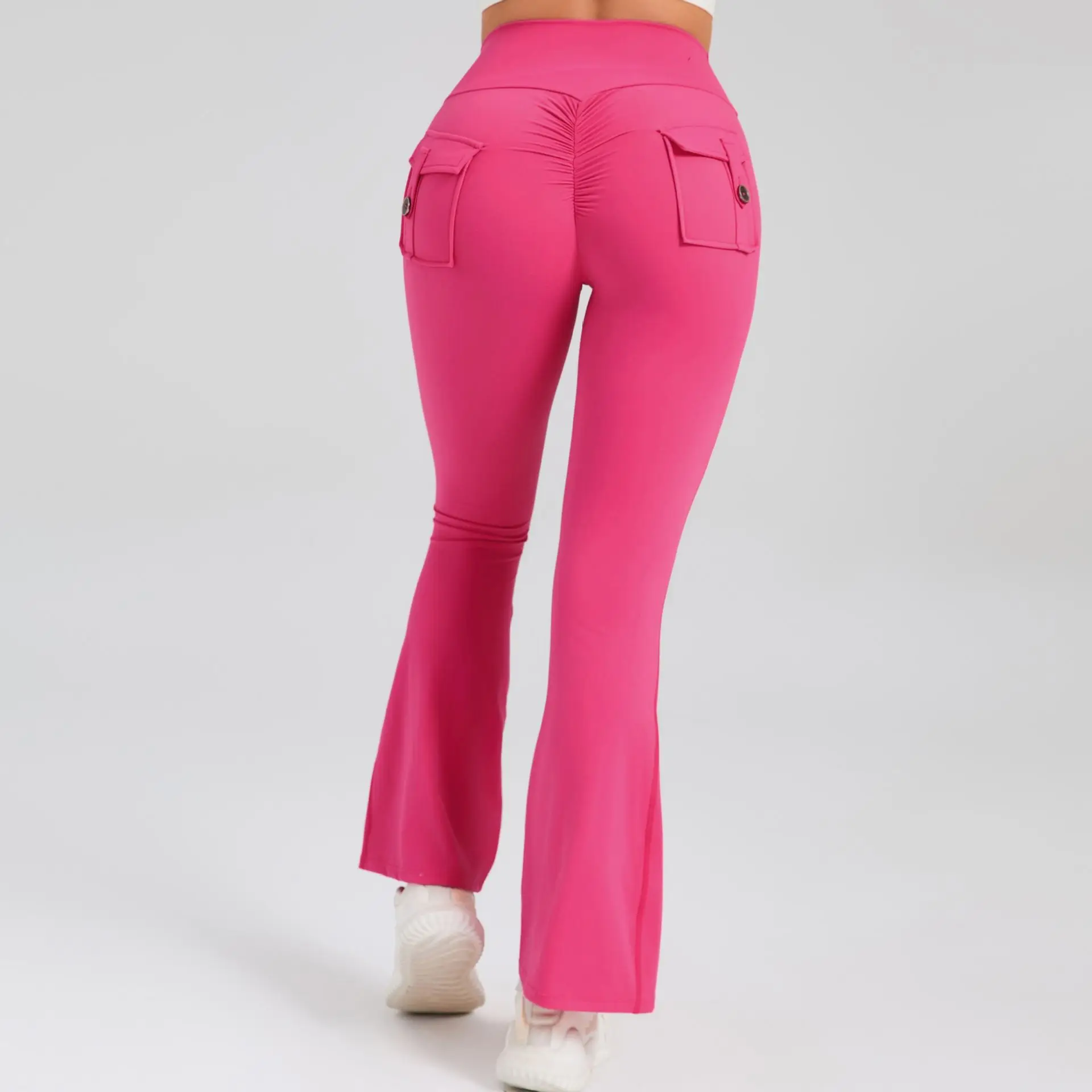 Mallas deportivas informales para mujer, pantalones Cargo de cintura alta con bolsillo, pantalones de gimnasio, Leggings Acampanados para Fitness