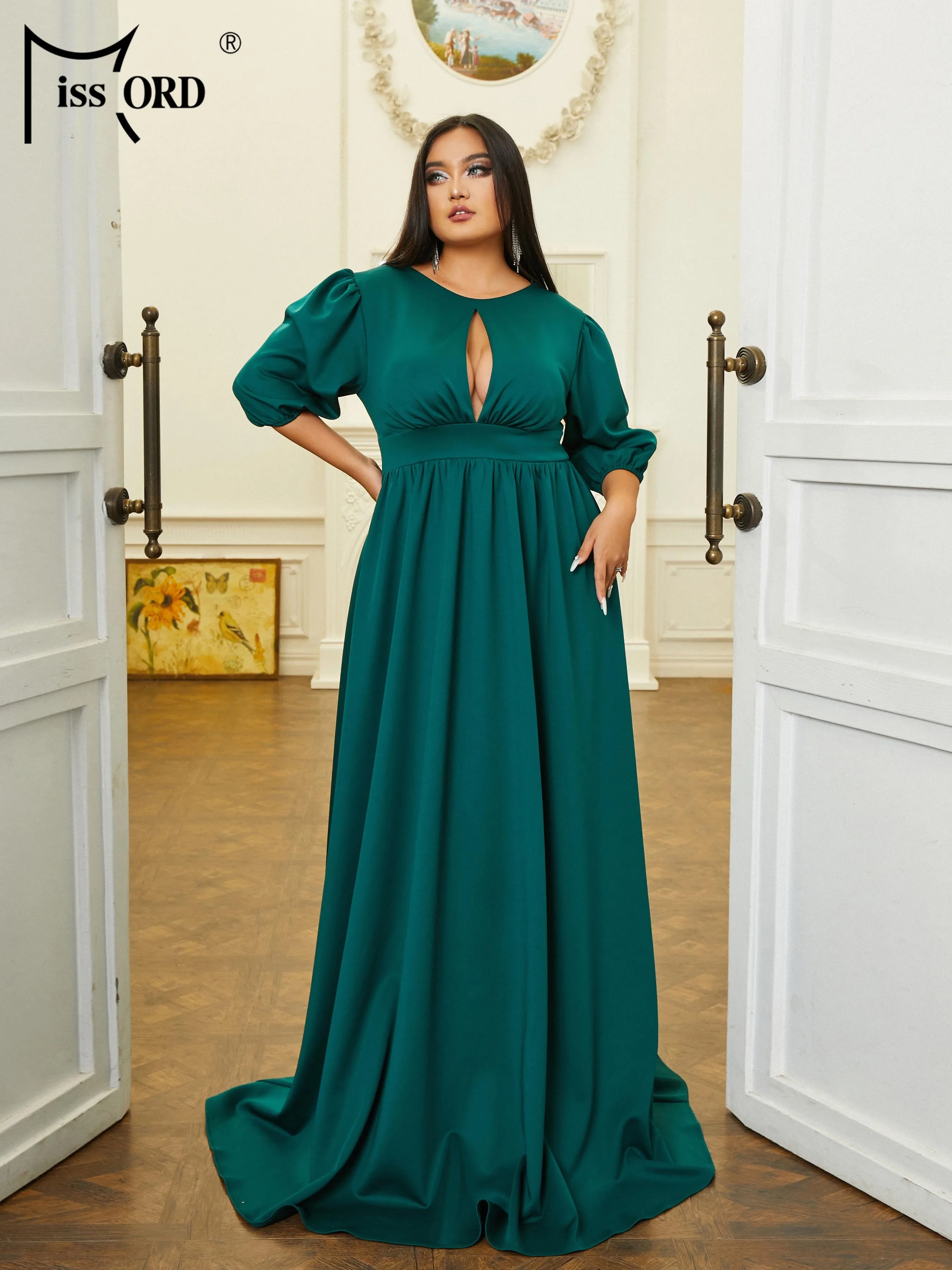 Missord-vestidos de talla grande para ocasiones formales, vestido largo hasta el suelo, verde, cuello redondo, corte de una línea, noche,