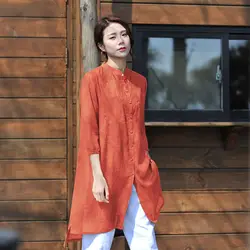 Spring Summer New Mid Length Embroidery Blouse 3/4 Sleeve Round Neck Solid Color Loose Shirt Tops Vintage Casual Women Clothing