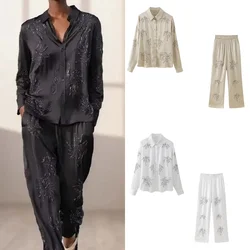 Women Outfit Fashion Embroidery Long Pants Sets For Women Single Breasted Long Sleeve Shirt Sets Women's Suit