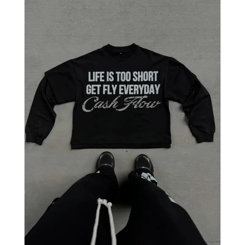 

Hot Diamond T Shirts Women's Casual Harajuku Hip Hop Letter Pattern Double Layer Long Sleeved Graphic Sweatshirt