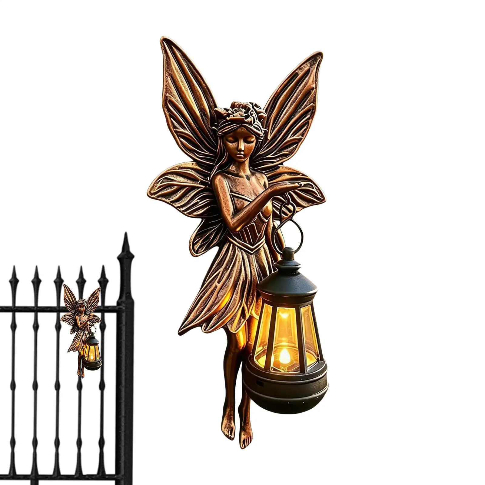 Solar Light Fairy Garden Statues Resin Fairy With Solar Lantern 9.4-inch Hanging ElfStatue With Warm Light LED Lantern For Yard