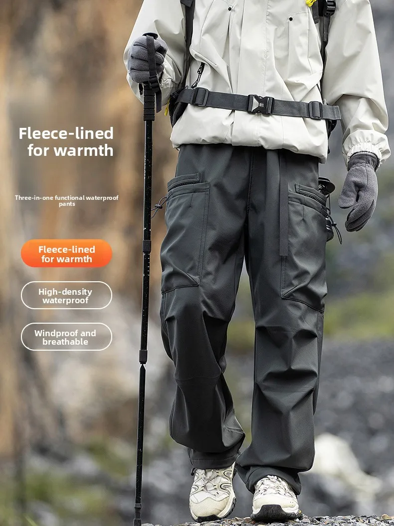 

Men's Autumn Winter Fce Lined Paratrooper Workwear Pants Loose Outdoor Waterproof Trousers Straight Leg Casual Trousers