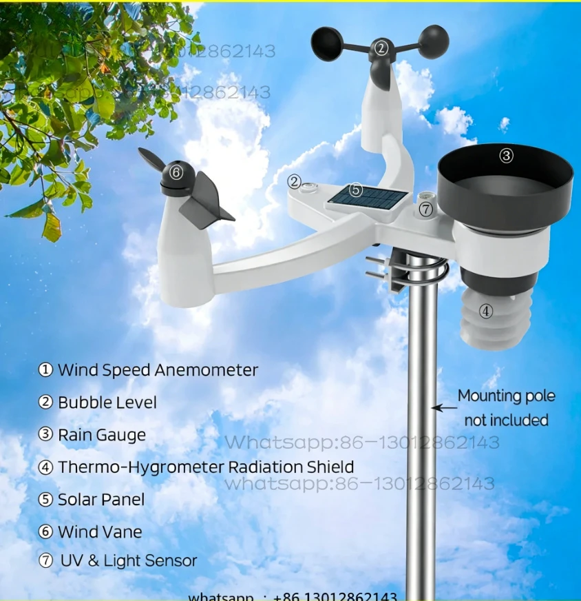 Professional WiFi weather station | 7 in 1 outdoor wind speed/multi-channel temperature and humidity monitoring