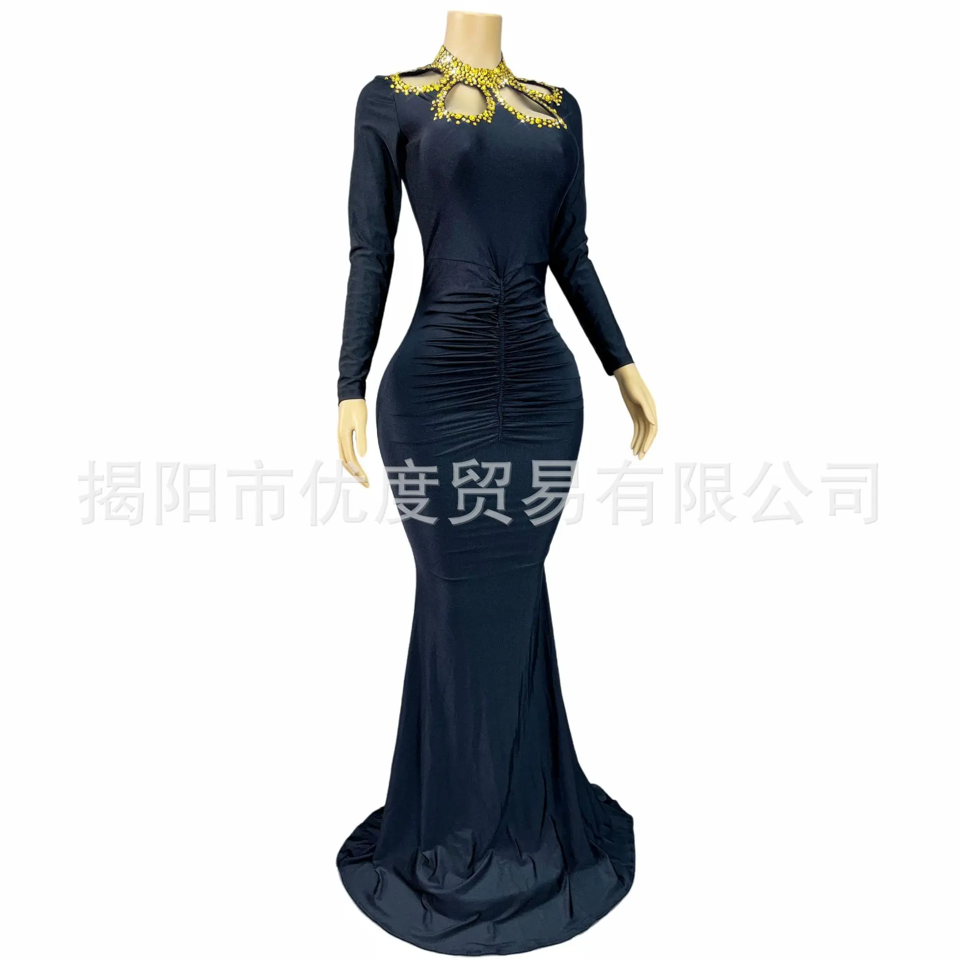 Black Velvet Gold Rhinestone Hollow Large Trailing Dress Evening Princess Birthday Party Dinner Dress Black Vestidos Para Festas