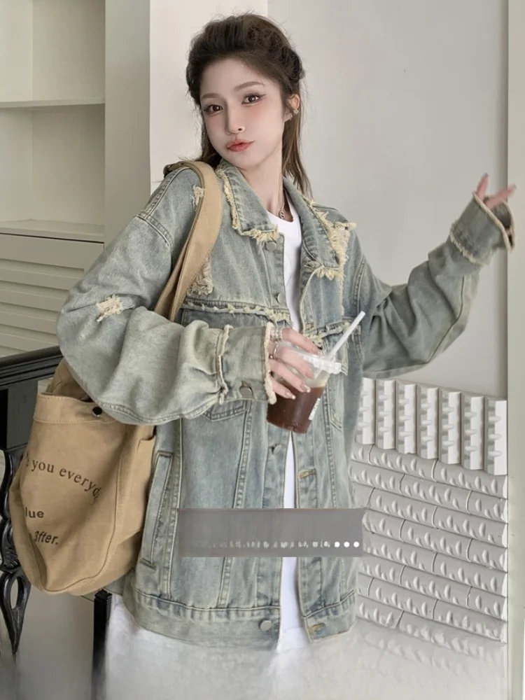 

Джинсовый тюнер с талией в стиле ретро, женский весенне-осенний свободный длинный топ-свек, модный винтажный повседневный свободный крой, классический цвет