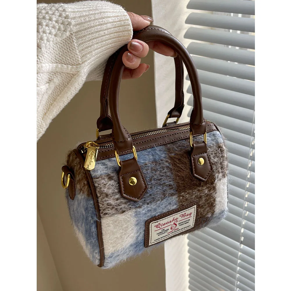 Vintage Women Tweed Bucket Bags Mini Cute Contrast Plaid Print Casual Crossbody Bags Portable Large Capacity Shoulder Pack