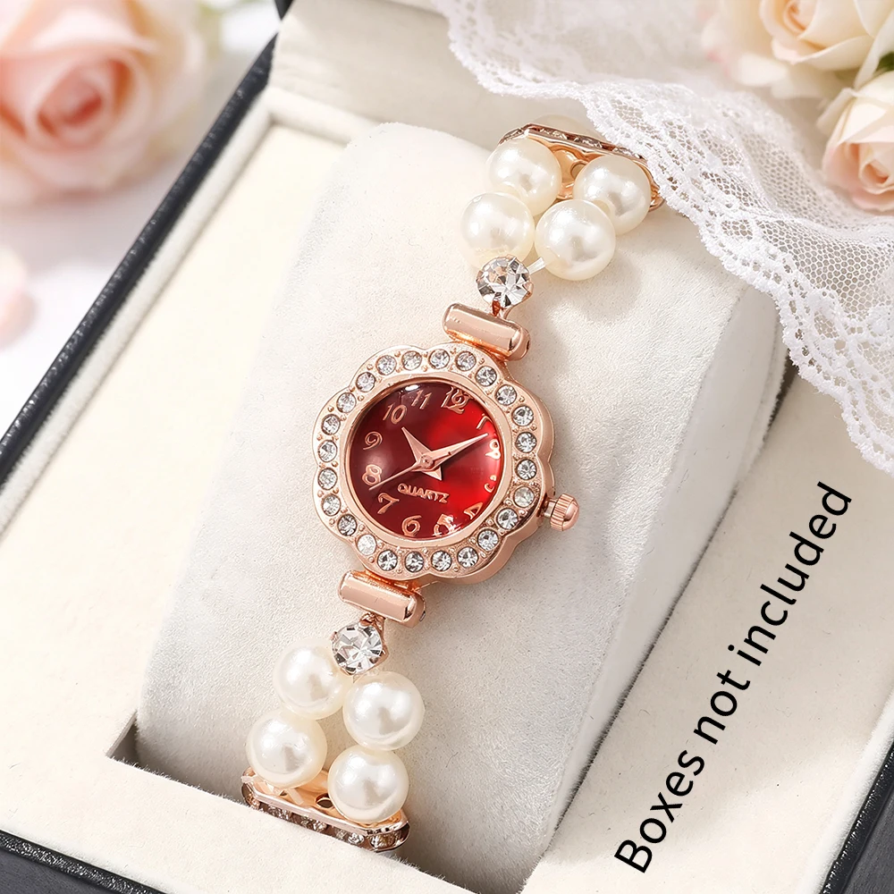 1pc ladies' French elegant double row elastic imitation pearl quartz watch, suitable for daily wear and holiday gifts