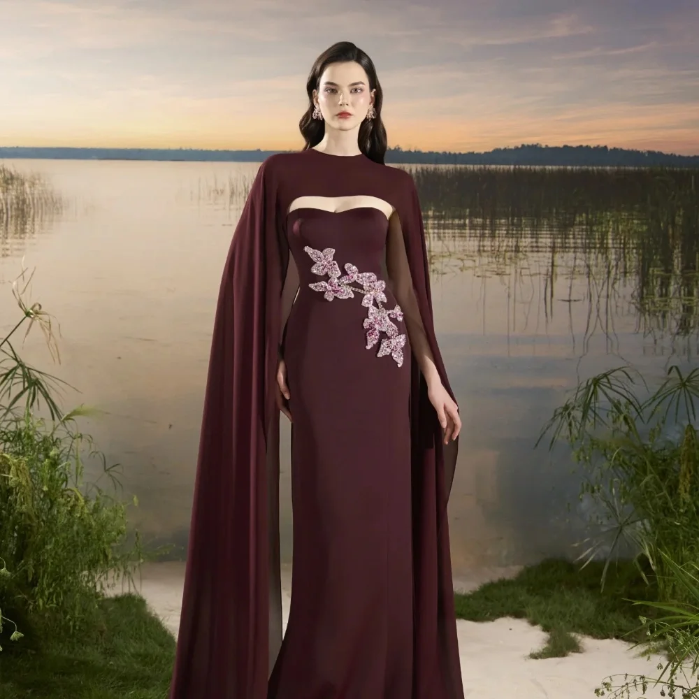 Customized Formal Chiffon Pleat Sequined Flower Straight Strapless Long Bespoke Occasion Evening Dresses Modern Style