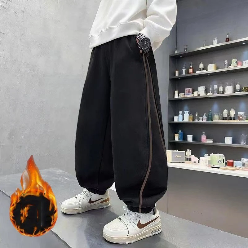 Children Boys Fleece Pant UNITIM Winter 4-14Yrs Kids Boys Sports Pants Elastic Waist Sticker Pocket Plush Thick Warm Sweatpants