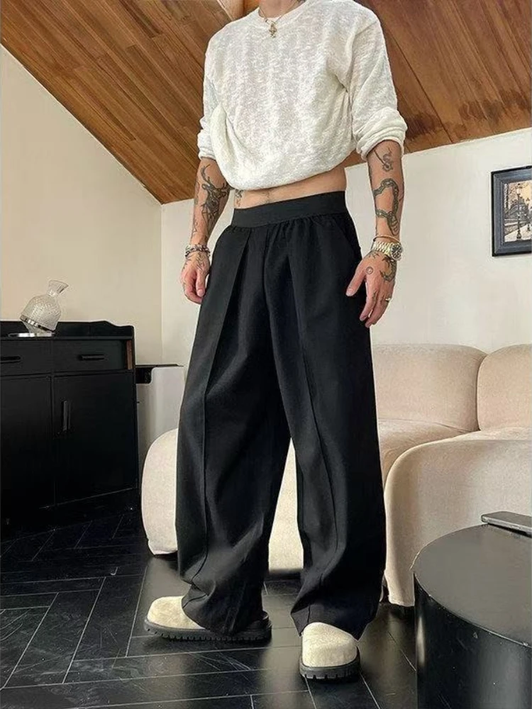Men's Solid Color Wide Leg Pants Streetwear Baggy Trousers Premium Drape Casual Elastic Waist Hip Hop Teen Boys Long Pants