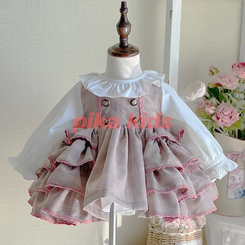 Spring New Lolita Spanish Girl Princess Dress Cotton quality Plaid Long Sleeve Dress Kids Dresses for Girls Party Birthday Dress